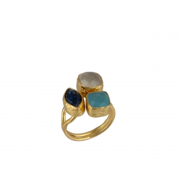 Ring made from brass, aqua Ch., Chalcedon, Lapislazuli